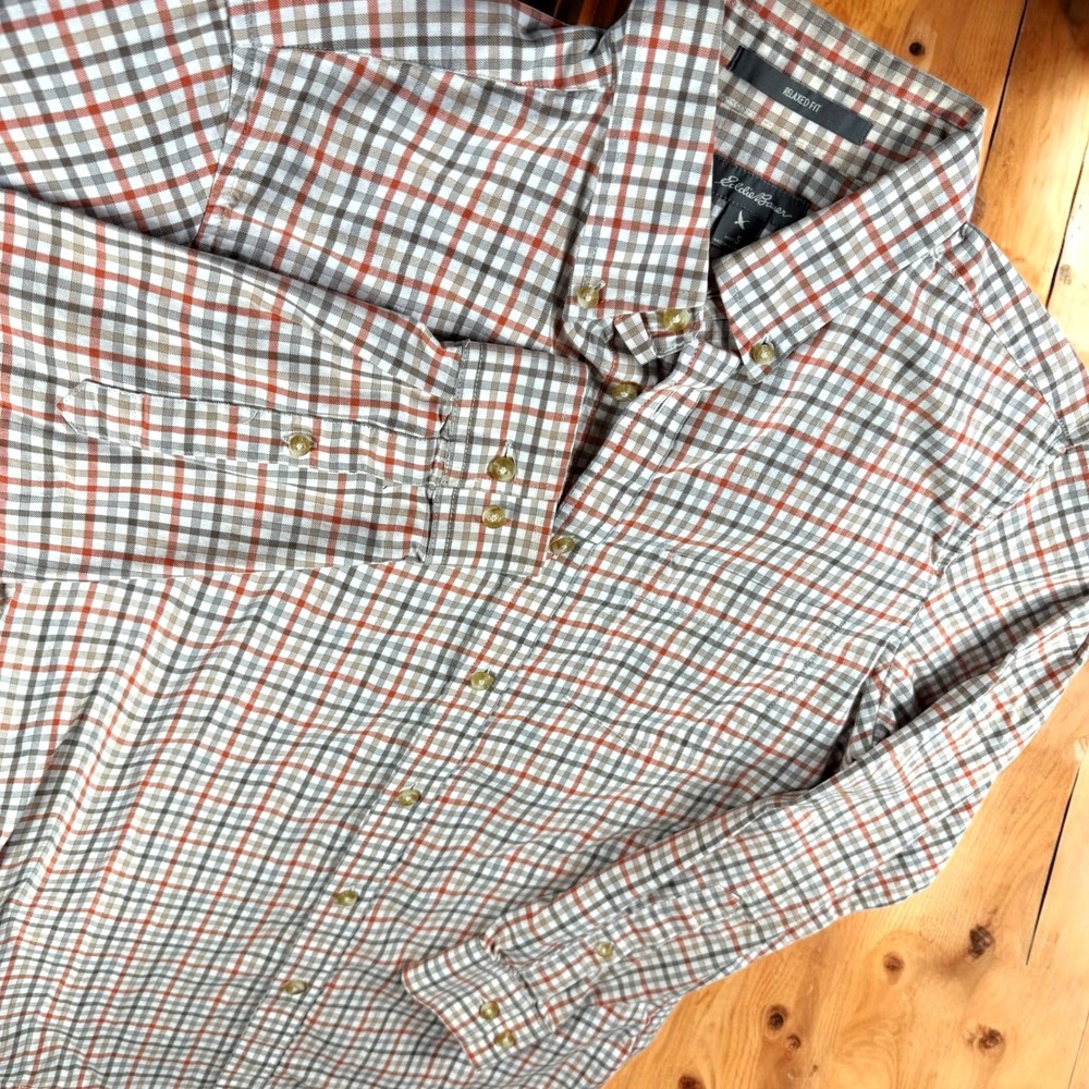 Eddie Bauer Shirt Men S Button Down Relaxed Fit Plaid Check Orange Brown Casual